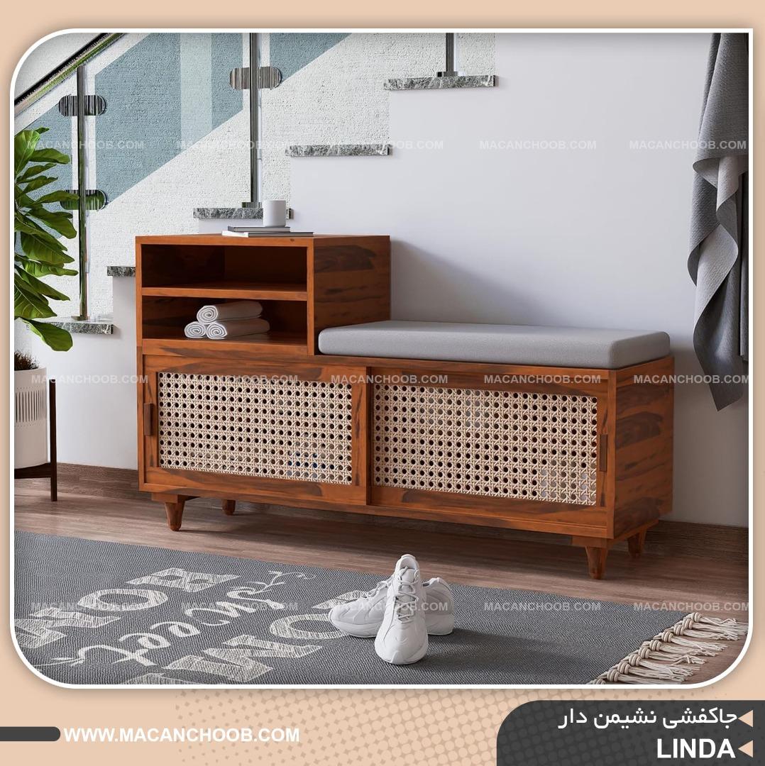 جاکفشی نشیمن دار پایه چوبی با درب های ریلی حصیر بامبو مدل LINDA